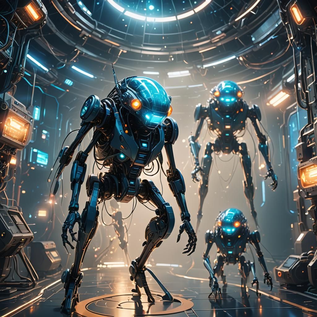 Glowing Nanobots Merge in Sci-Fi Lab, Cel-Shaded Style