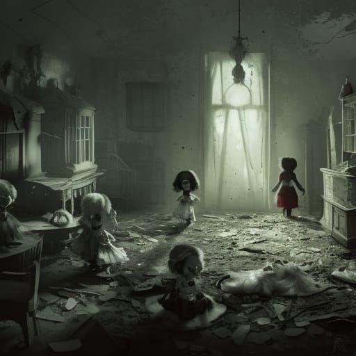 Haunted Daycare with Hollow-Eyed Dolls: Dark Fantasy Art
