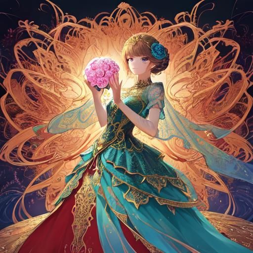 Ethereal Figure in Elaborate Dress with Roses