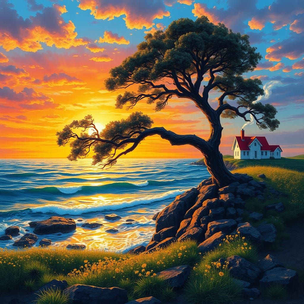 Coastal Sunset Scene in Impressionist Style