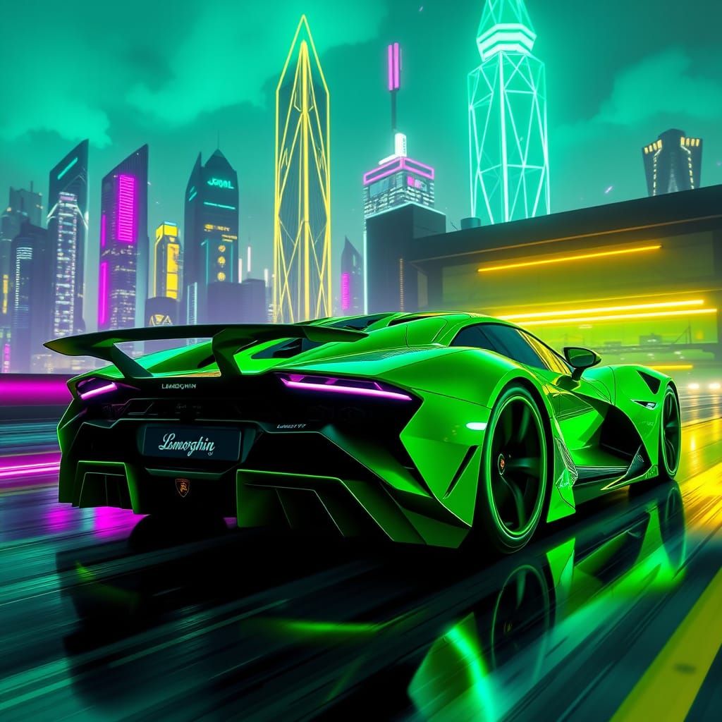 Sleek, Aerodynamic Lamborghini Speeds Through Futuristic Cit...