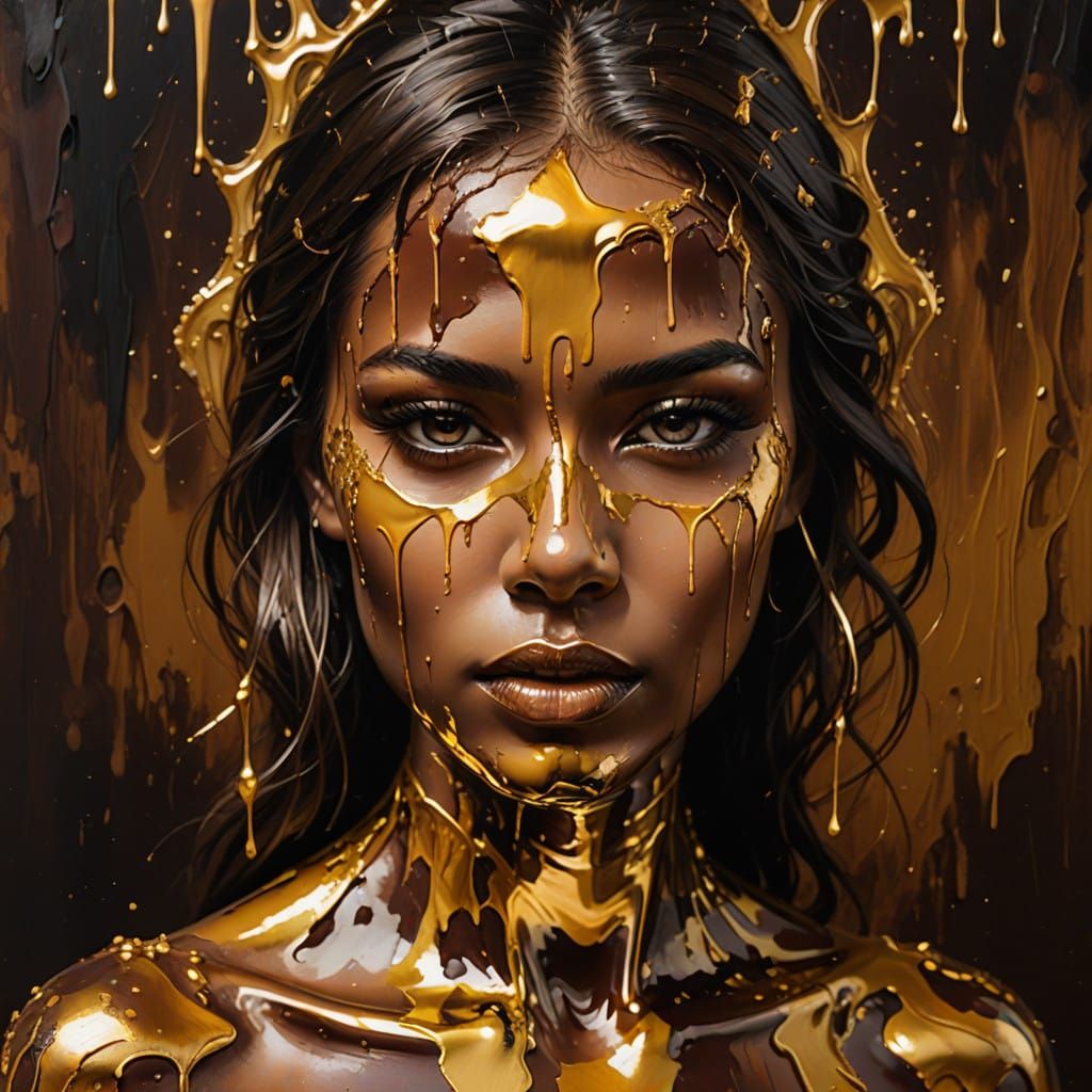 Retro olpntng style, palette knife, oil paint, concept art, woman, paint drips, liquid gold dripping, body paint, face p...