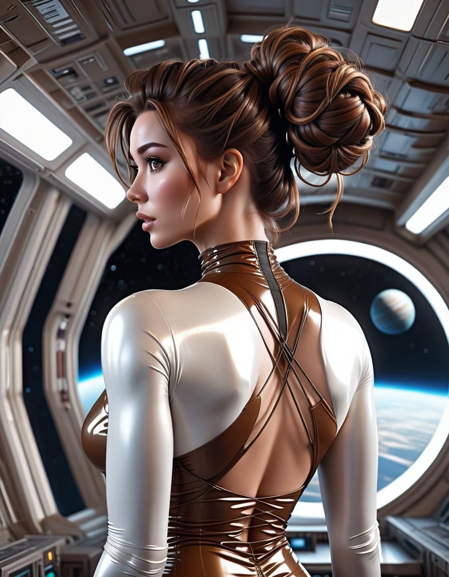 girl, pretty face, looking 3/4 rear view , round frame, messy bun, brown hair, big chest, venus, science fiction, in a s...