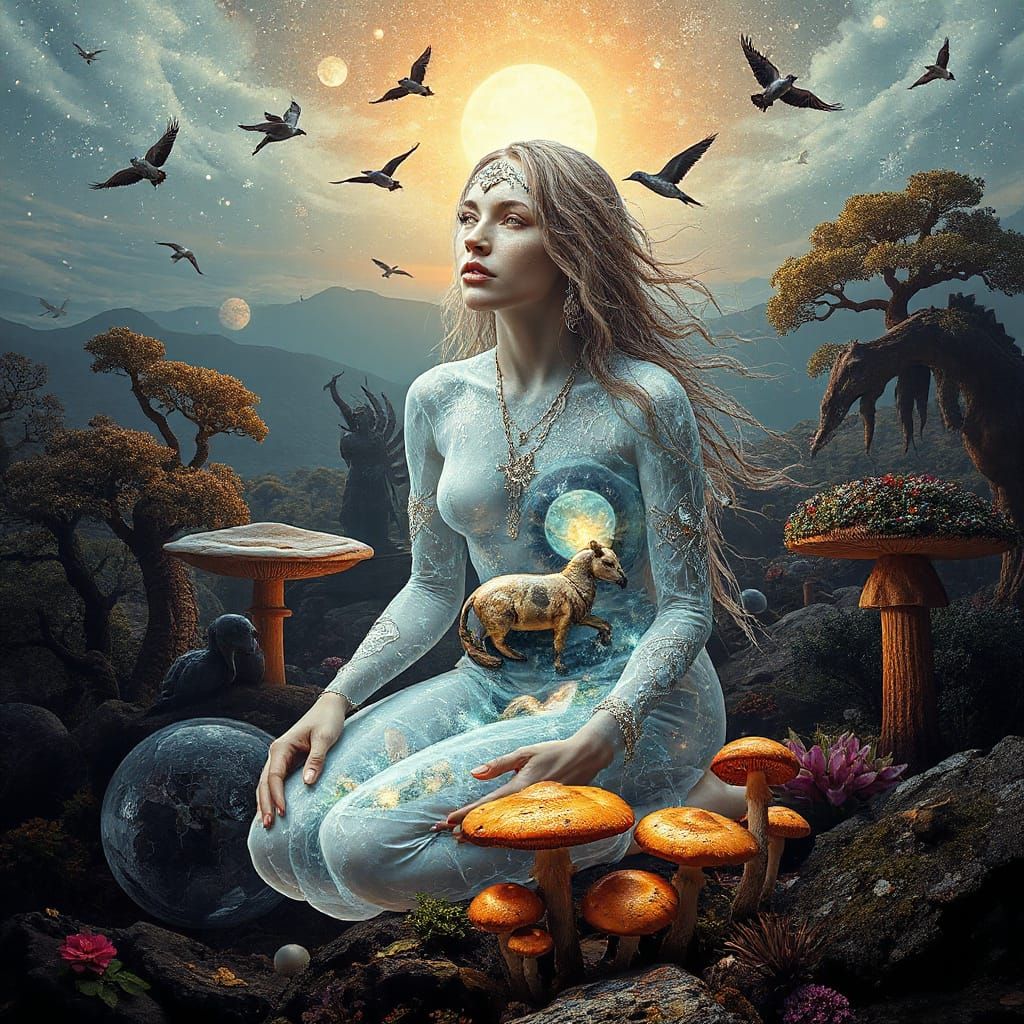 Mystical Shaman Woman With Frozen Oasis and Cosmic Energy