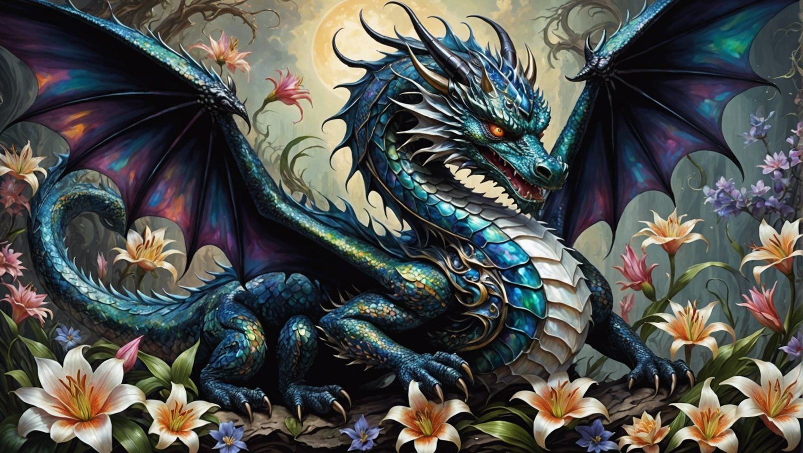 Iridescent Mother of Pearl Dragon with Lilies