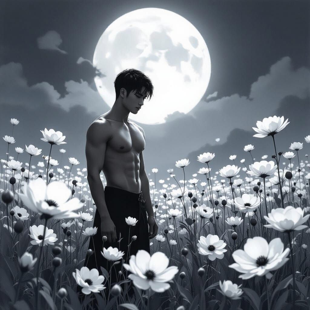 Monochromatic Garden Metaphysical Painting of Lone Man