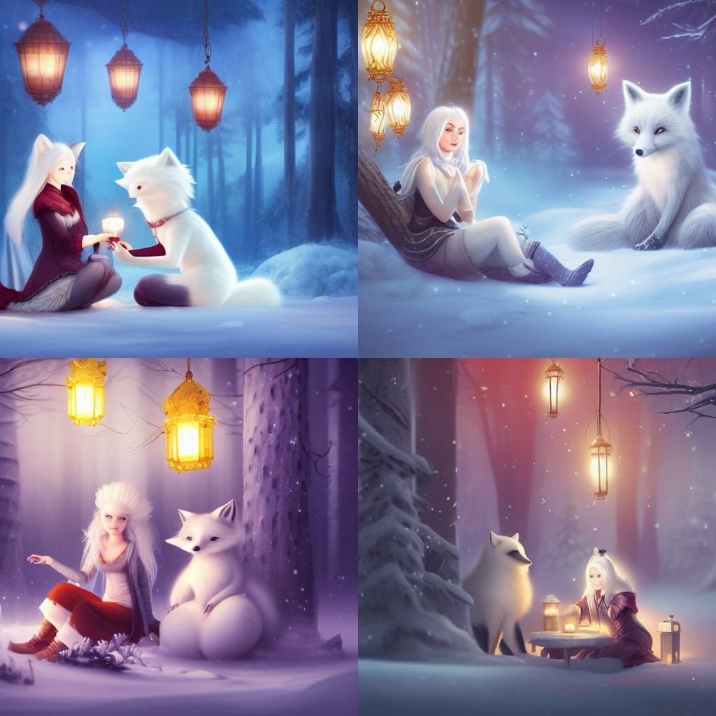 Woman and Snow Fox in Lantern-Lit Forest