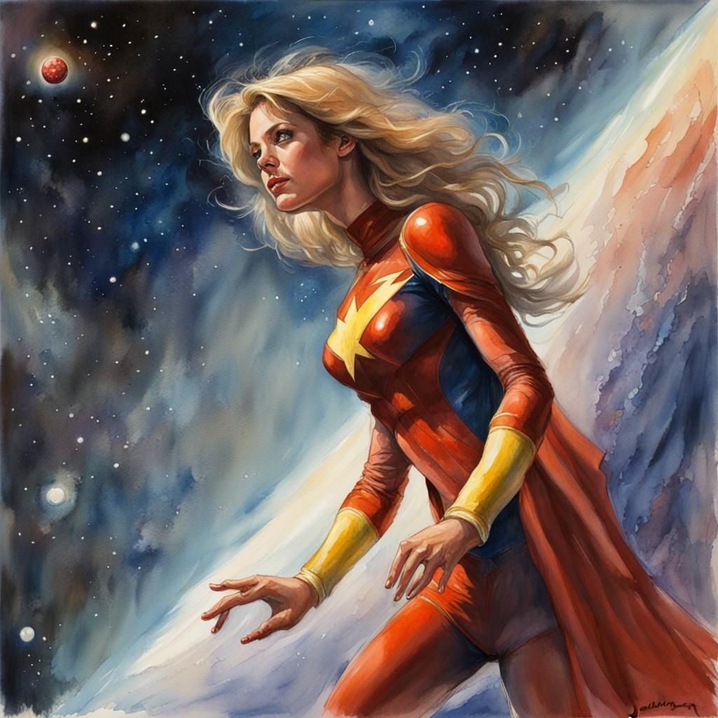 Superheroine Touches Energy Source, Watercolor Painting