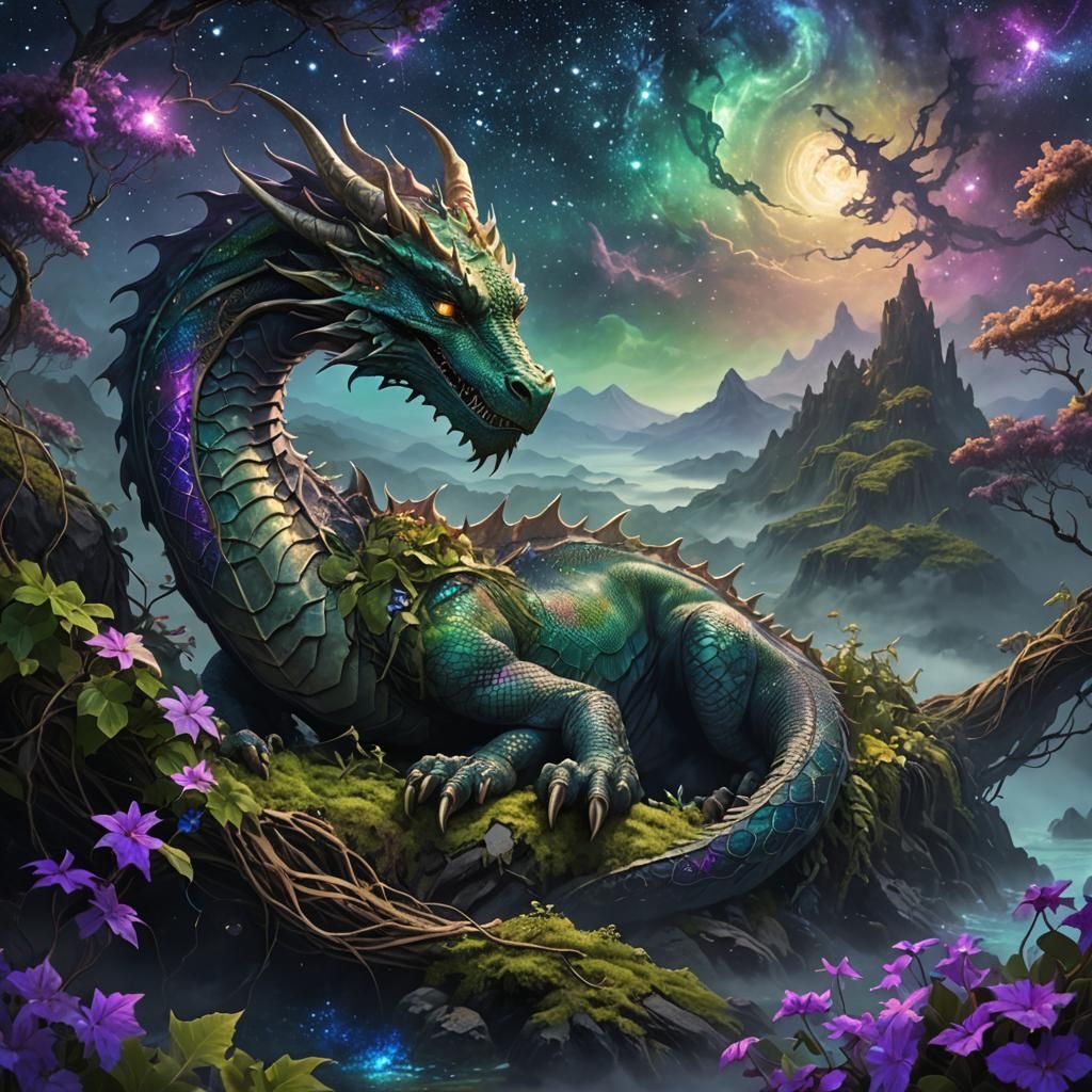 Dragon Sleeping Under Milky Way: Fantasy Concept Art