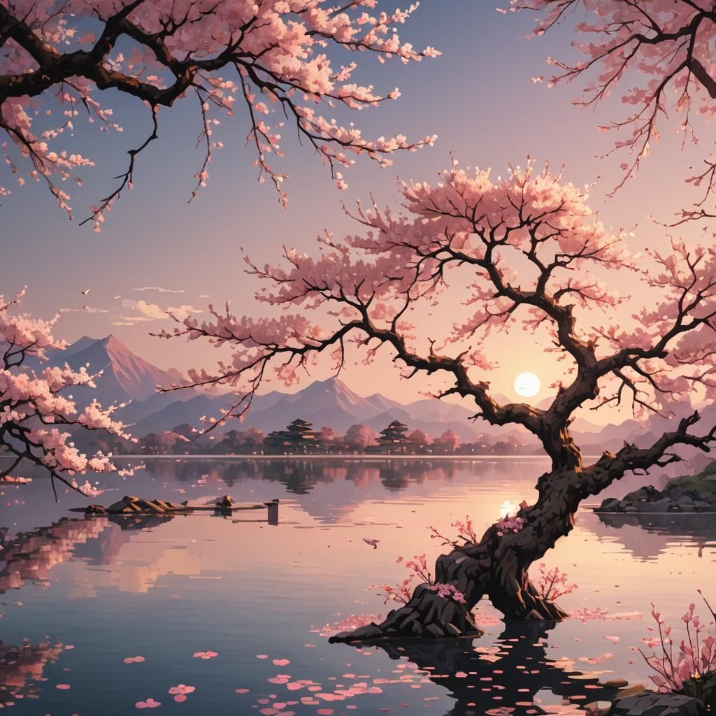 Pixel Art: Ancient Sakura Tree by Lake