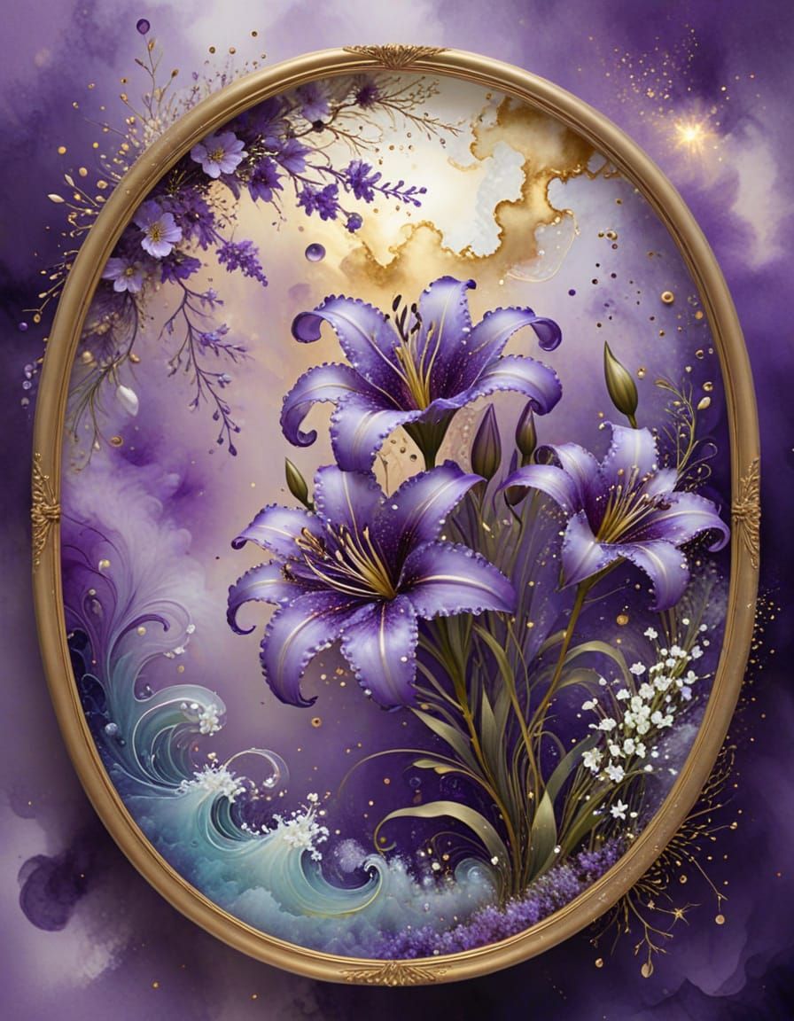 Purple Lily and Baby's Breath Alcohol Ink Art in Gold Frame