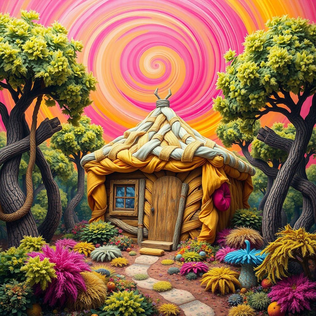 Whimsical Fabric Cabin in Vibrant Ombre Sky