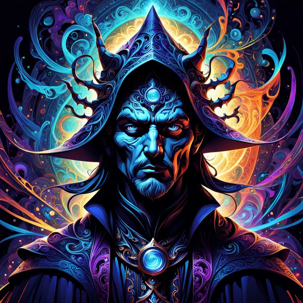 Intricate Dark Wizard Portrait in Vibrant Fractal Patterns