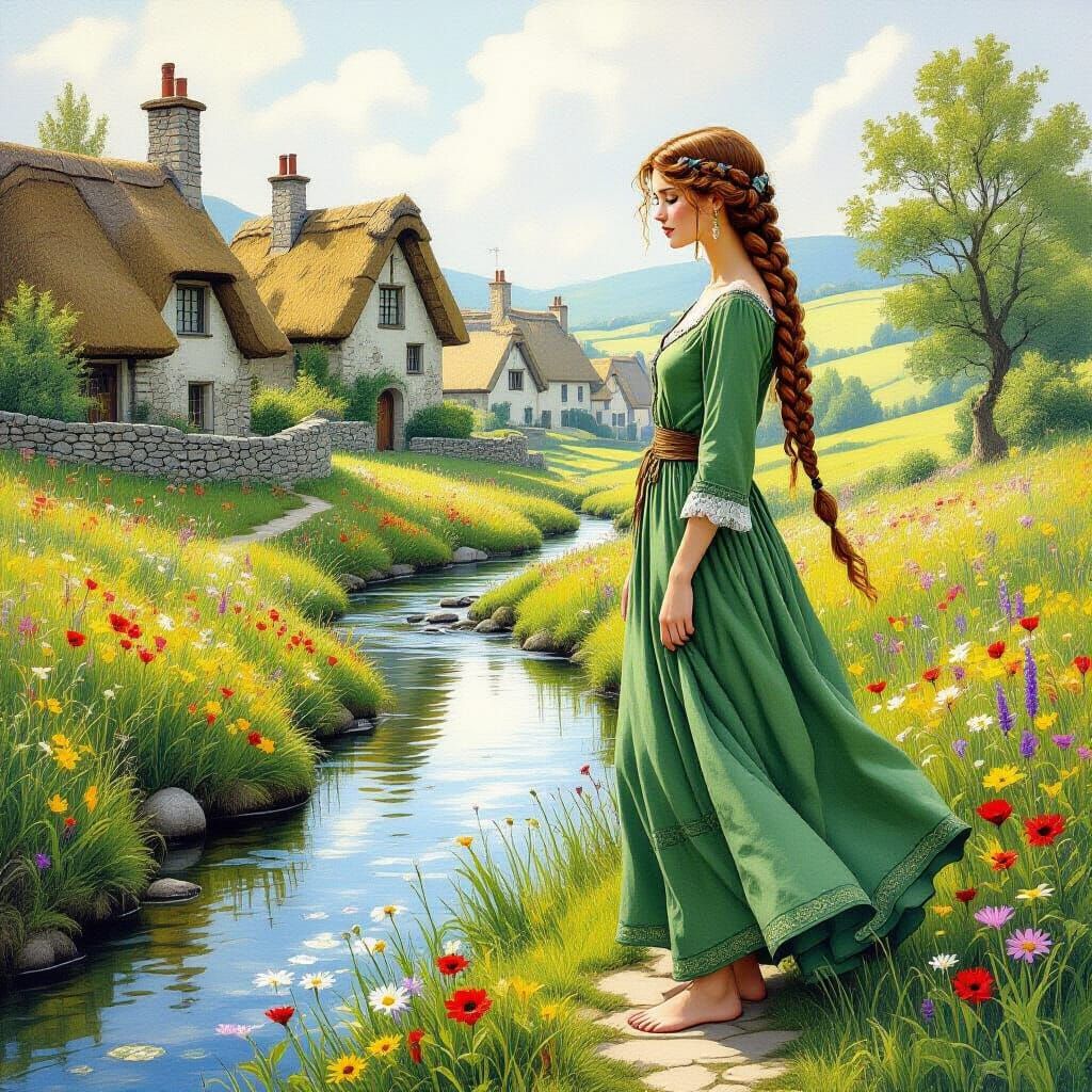 Celtic Woman in Meadow as Whimsical Illustration
