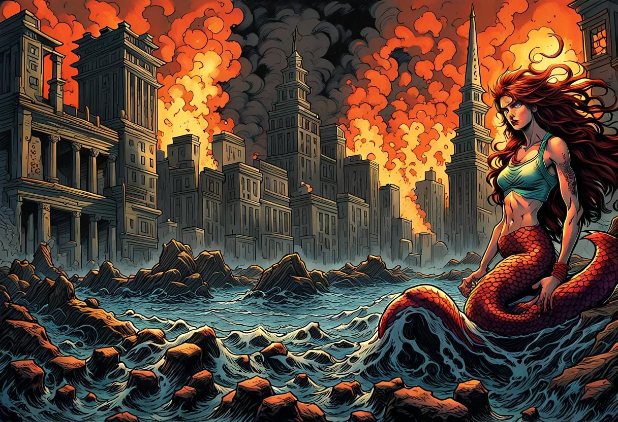 Sinister Mermaid in Burning City: 80s Comic Style