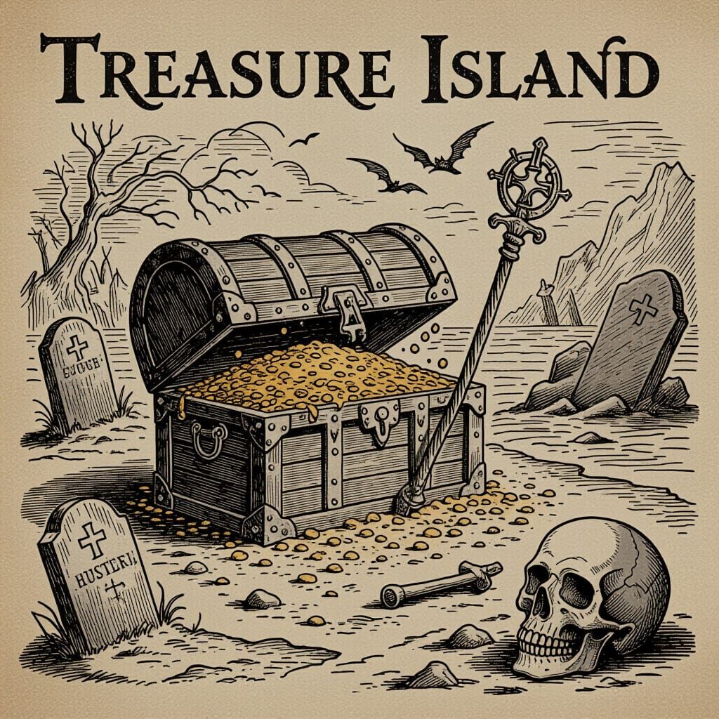 Antique Treasure Map Illustration with Spooky Island Details