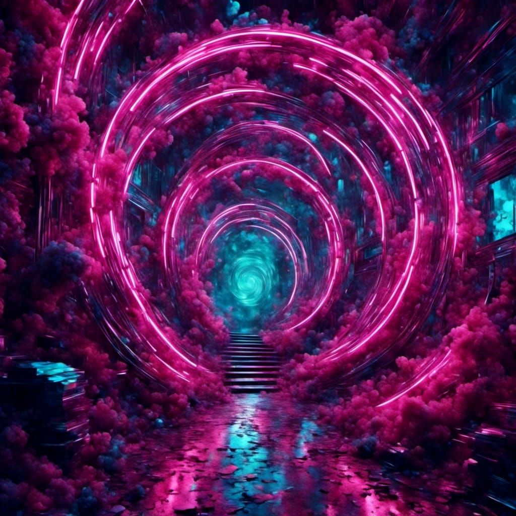 Synthwave Geometric Hallway in Retro Cubism Style