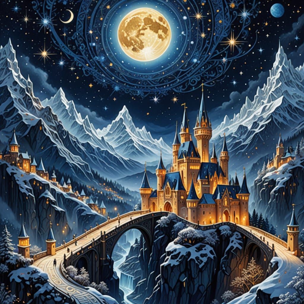 Ethereal Snow Kingdom Under Starry Skies in Vibrant Mixed Me...