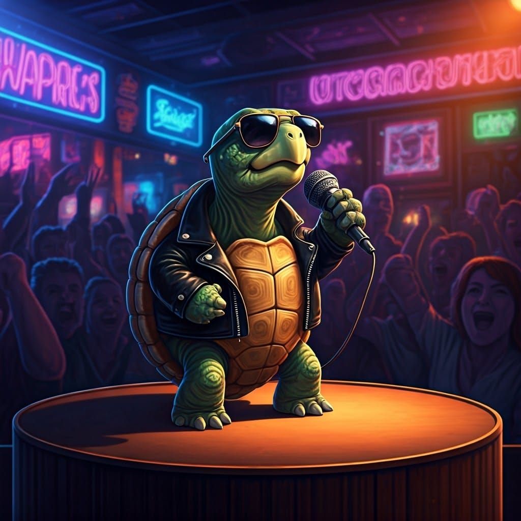 Turtle Rockstar Performs on Neon Karaoke Stage