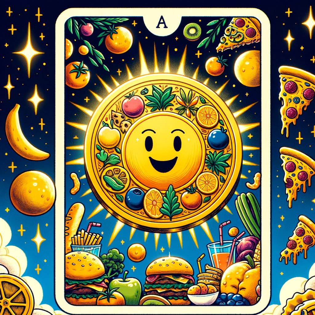 Glowing Golden Coin Tarot Card with Cartoon Food Design