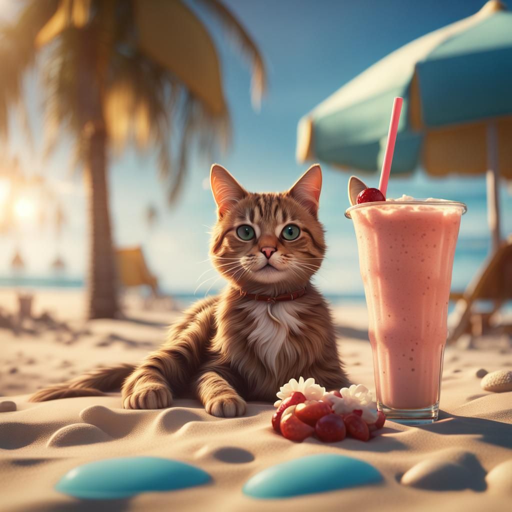 Cute Cat's Beach Bliss: Detailed Matte Painting