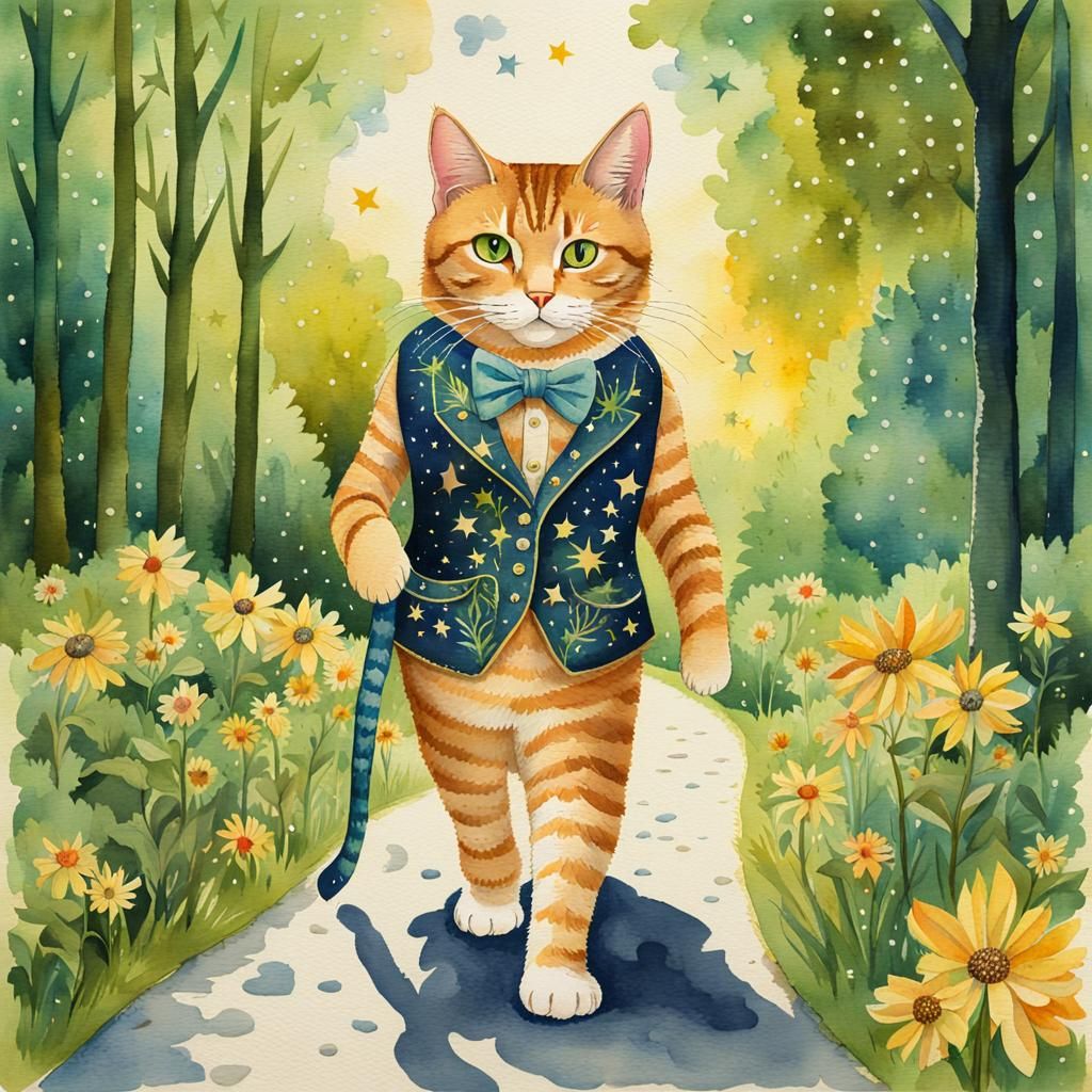 Watercolor Anthropomorphic Cat in Summer Park