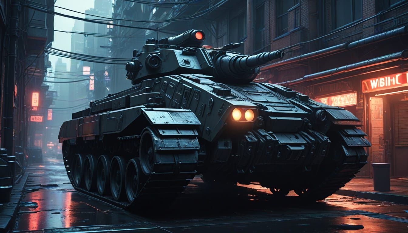 Futuristic Tank in Neon City, Sci-Fi Digital Art