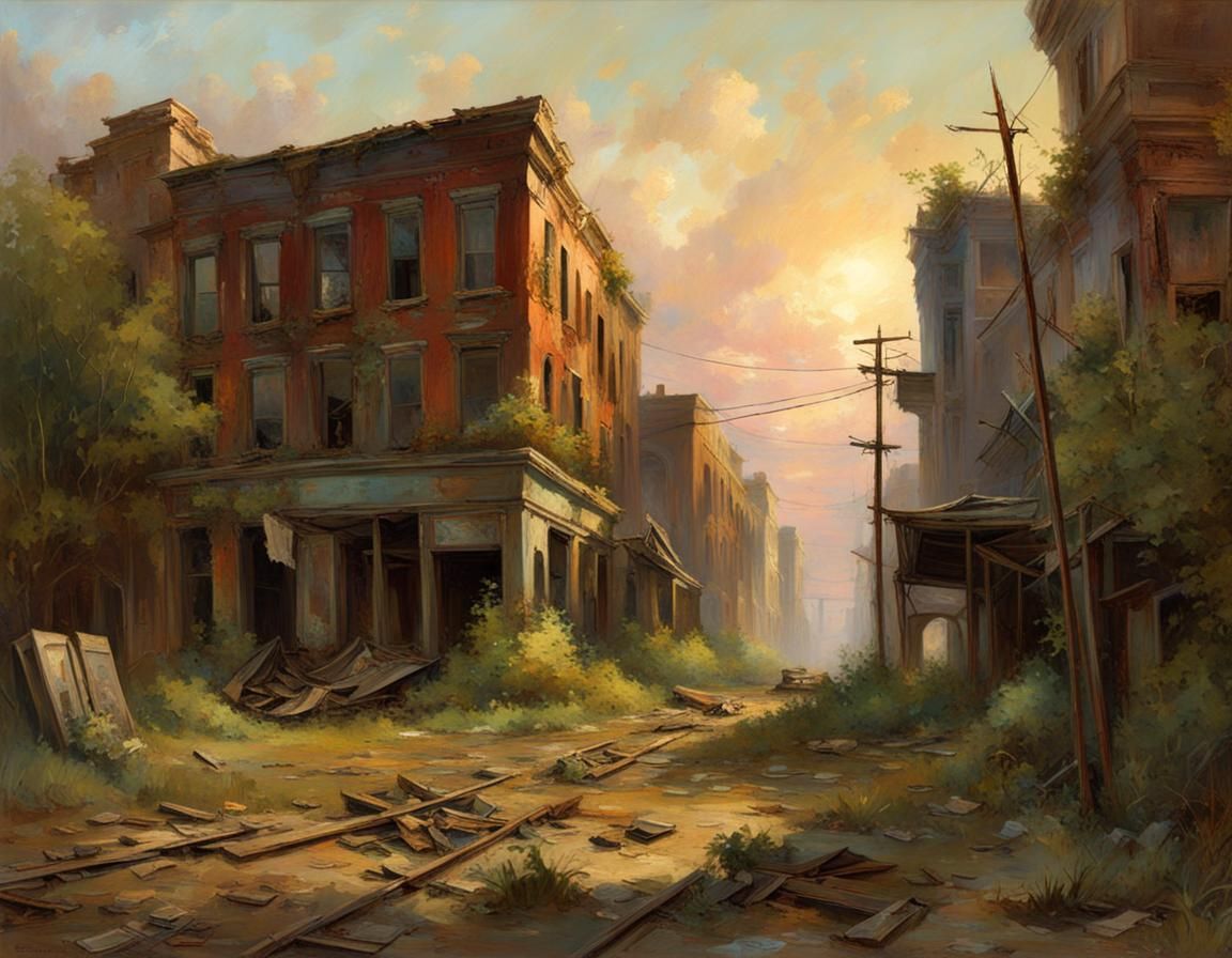Post-Apocalyptic Urban Decay in Oil Painting Style