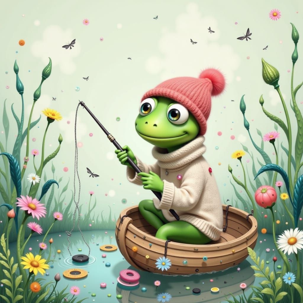 Kermit Fishing in Watercolor Kidcore Style