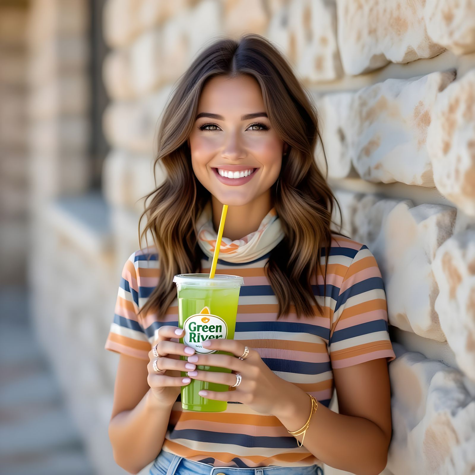 Smiling Woman with Soda in Outdoor Portrait