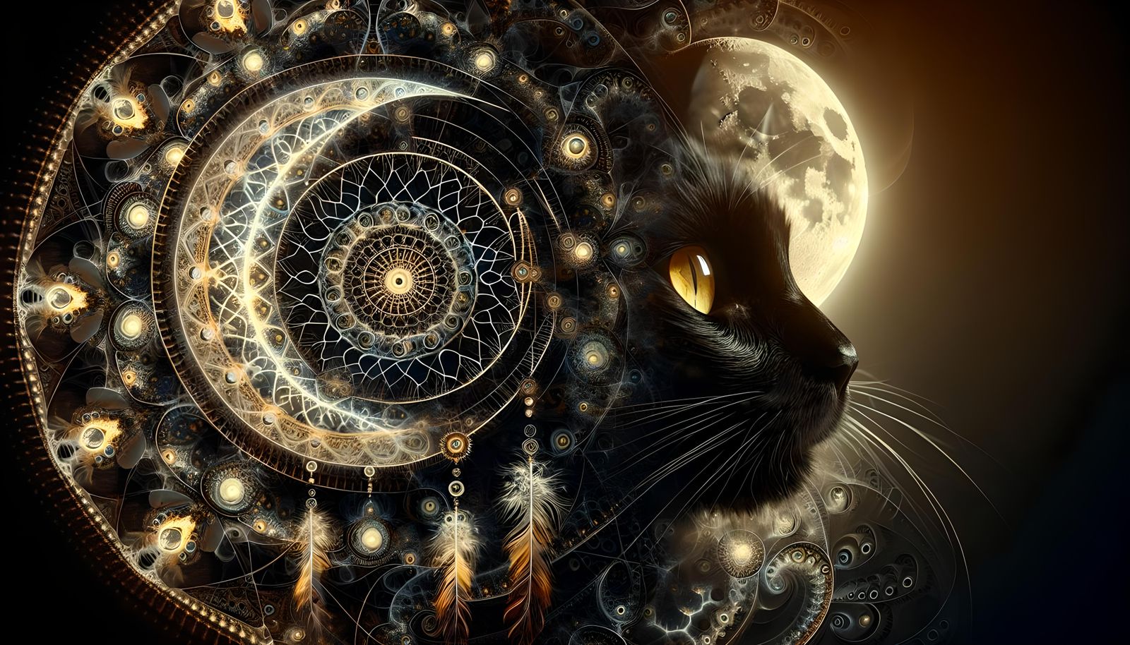 Dream Catcher and Black Cat in Fractal Double Exposure