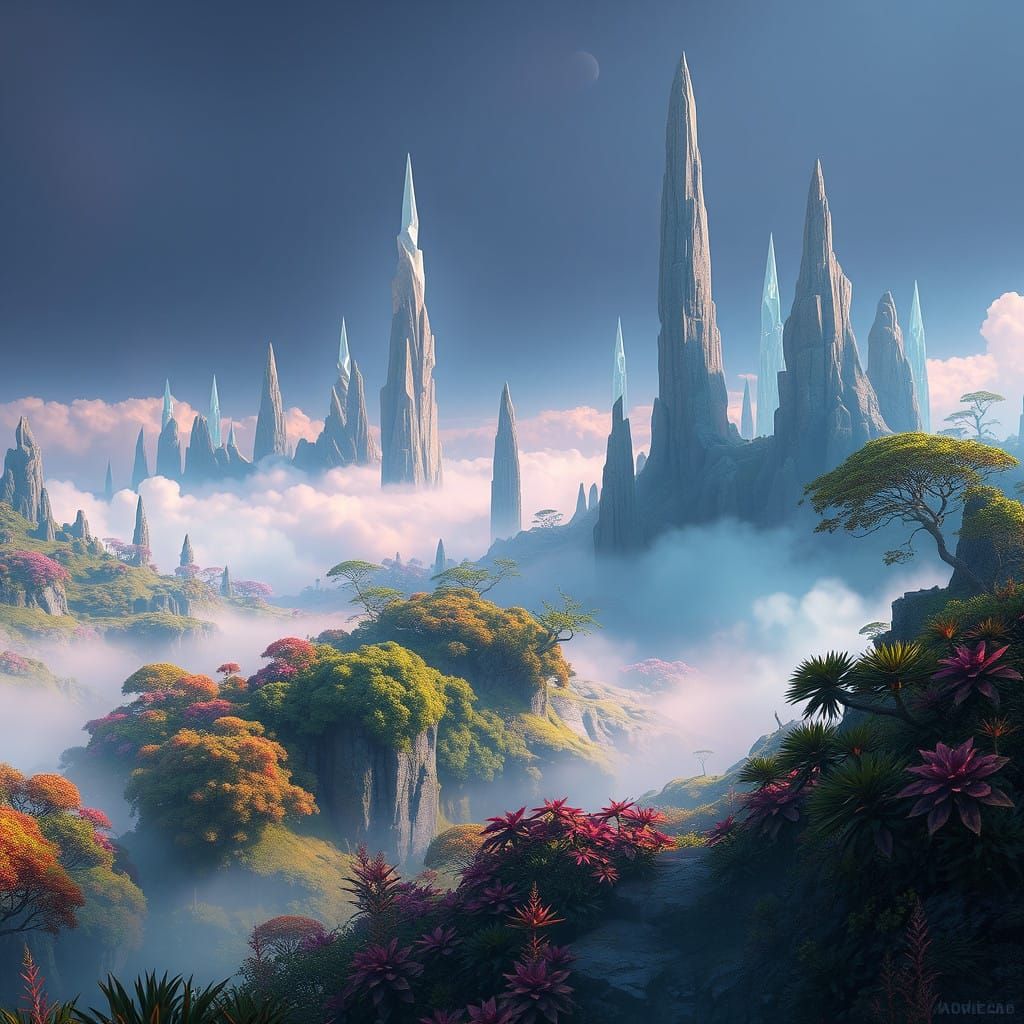 Dreamlike Fantasy Landscape with Towering Spires and Iridesc...