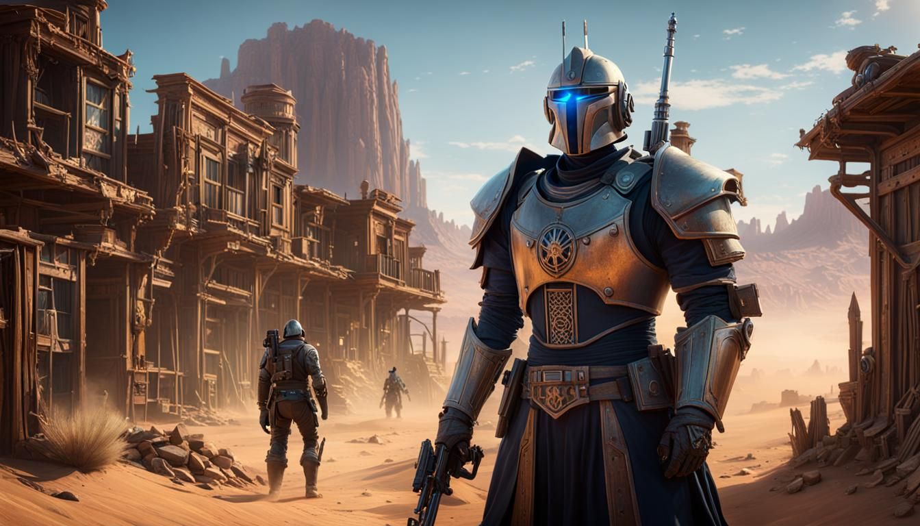 Gunslinger Meets Robot Knight in Desert Ghost Town