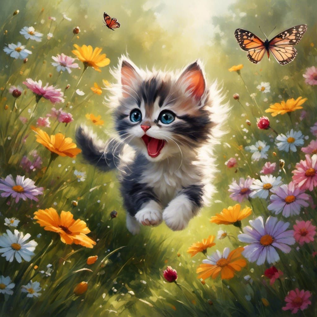 Kitten's Butterfly Chase in Floral Meadow