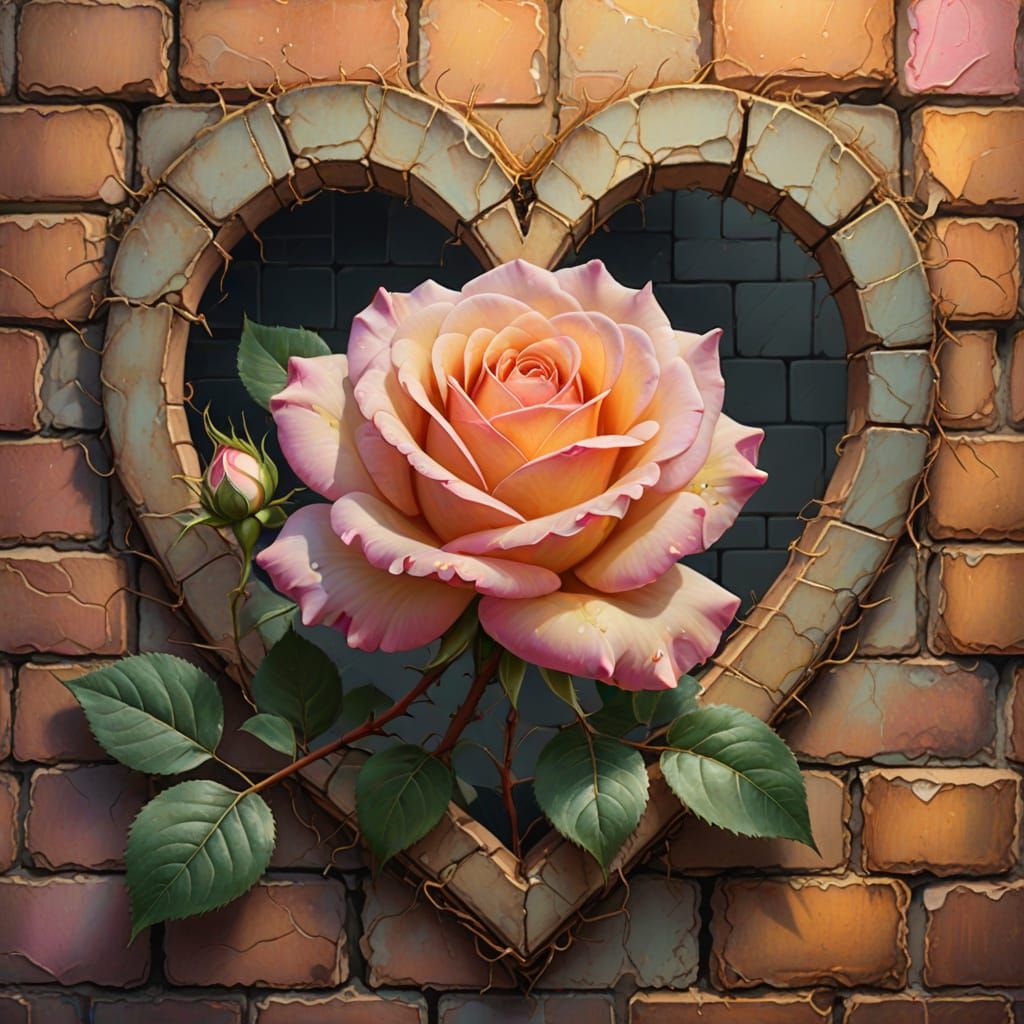 Surreal Rose Growing Through Brick Heart