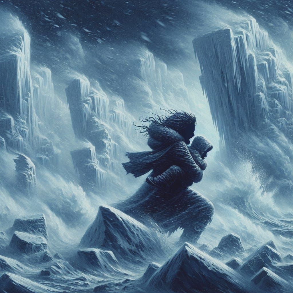 Frozen Windswept Woman and Child in Blizzard