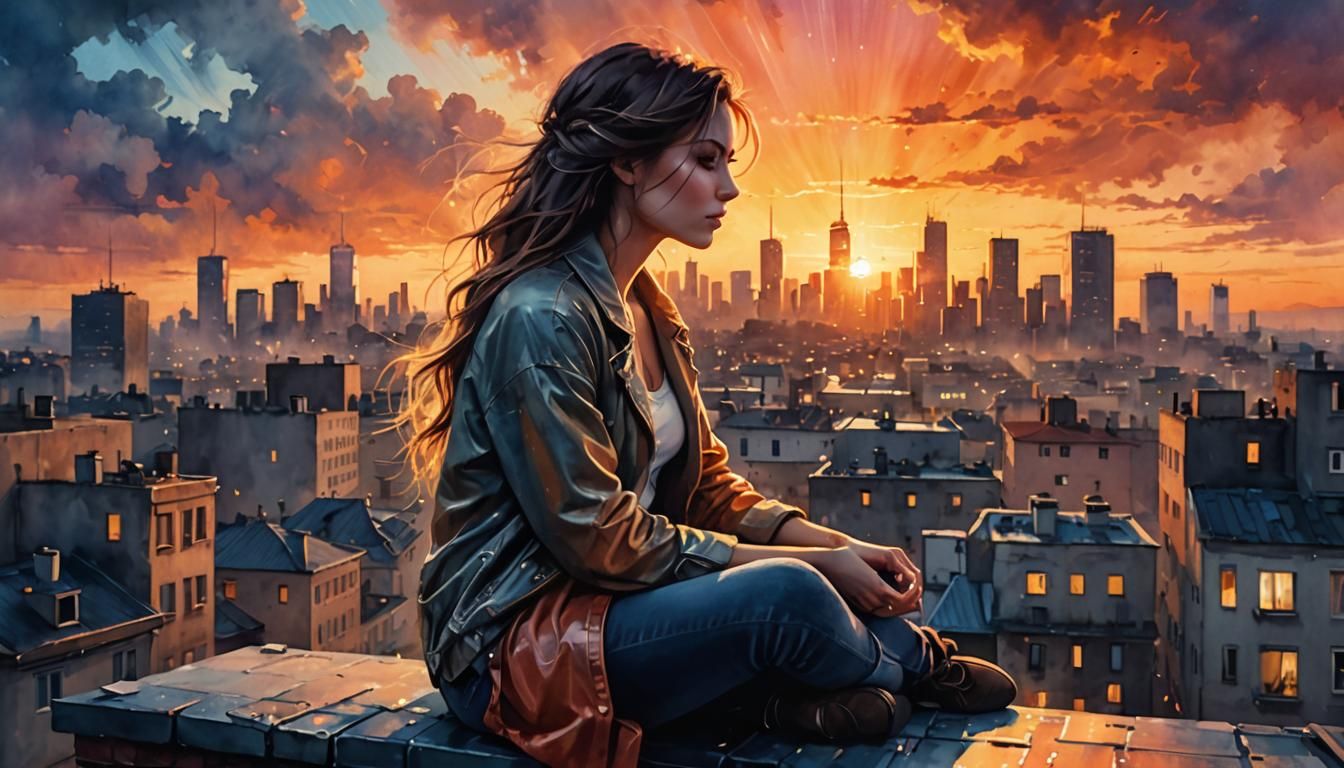 Woman Gazing at City Sunset: Watercolor Illustration