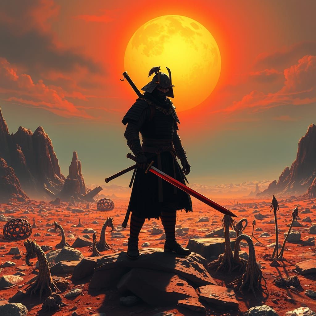 Epic Samurai Warrior in Binary Sunset Landscape