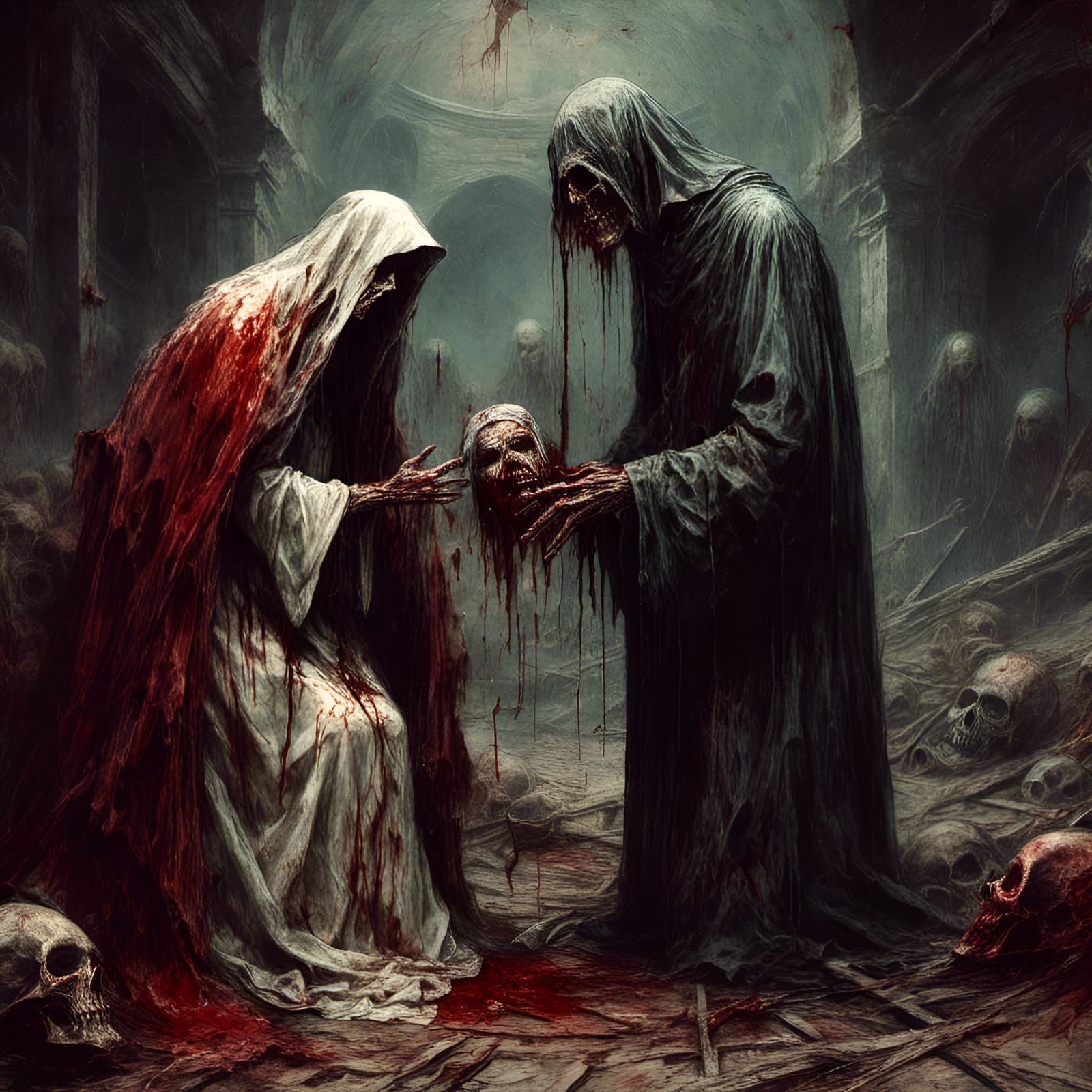 Macabre Zombie Pope Kiss in Crypt Illustration