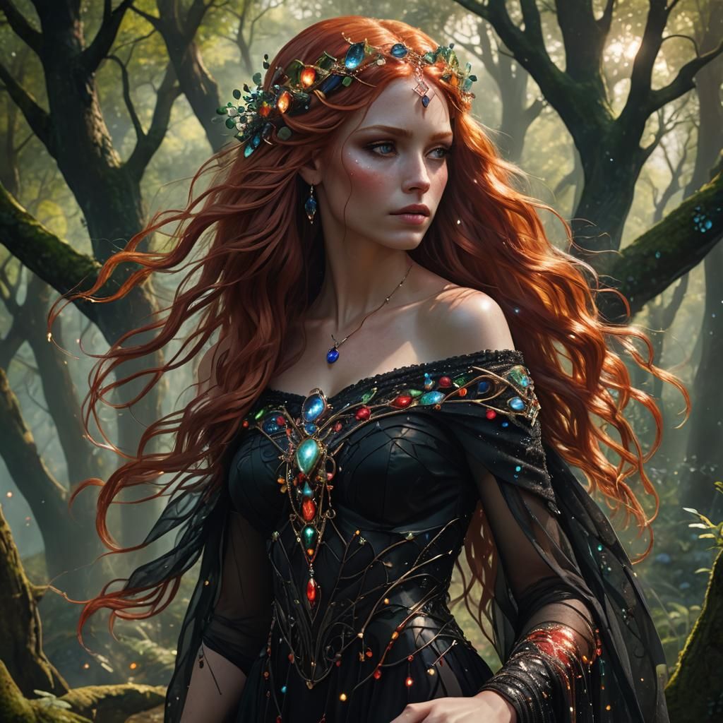 Red-Haired Woodland Goddess with Flowing Gemstone Hair