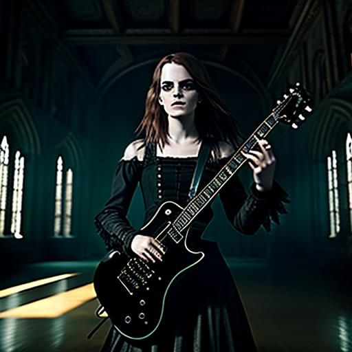 Gothic Girl Plays Guitar in Giant Room