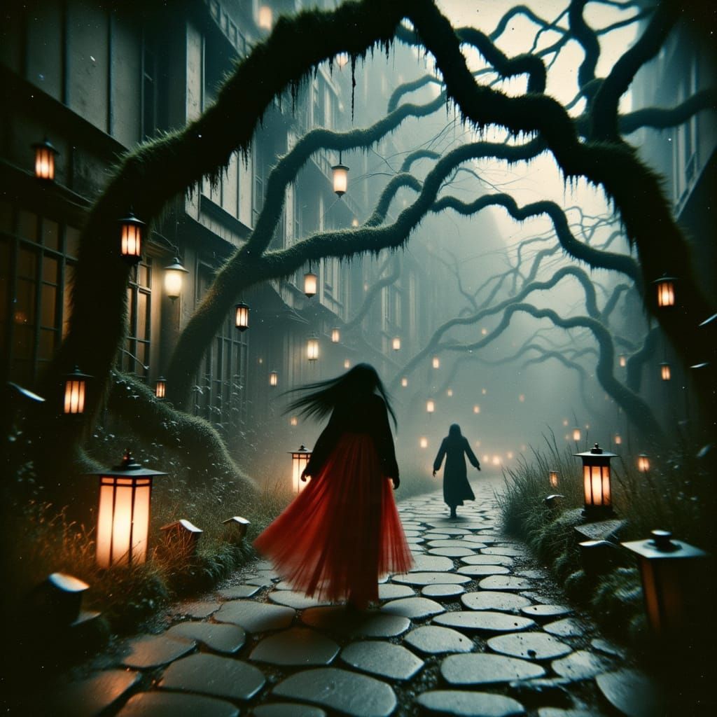 Majestic Yokai Pursues Raven-Haired Maiden in a Winding Spir...