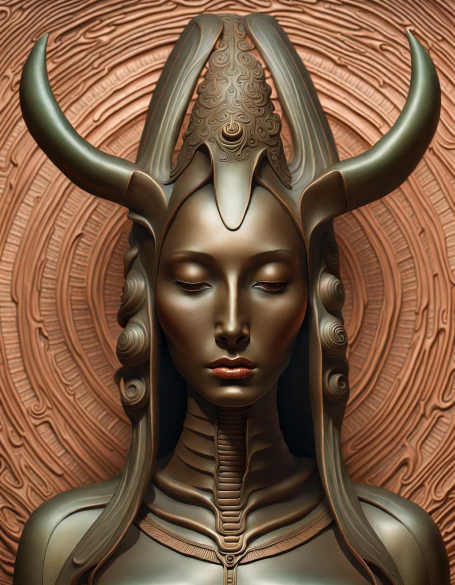 Beetle-headed god. Luminous bronze and pale terracotta. Amanda Sage finalRender hyperrealism