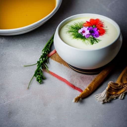 Creamy Soup in Flower-Decorated Ceramic Bowl