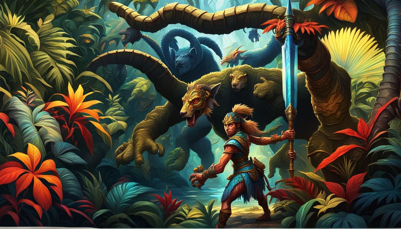 Jungle Warrior and Animals in Golden Light