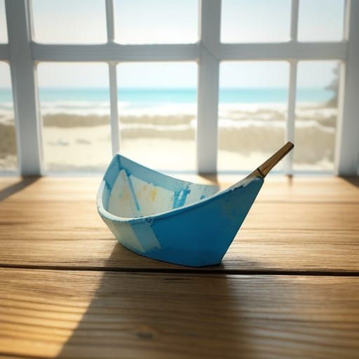 Watercolor Paper Boat and Crab on Sunny Beach
