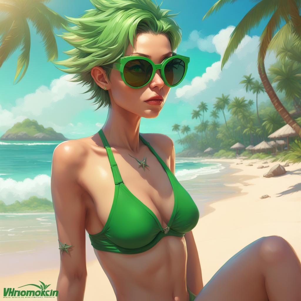 Tabby Cat Girl on Tropical Beach, Detailed Portrait