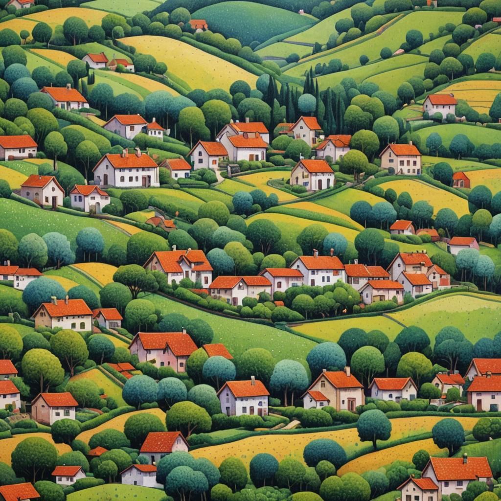 Pointillist Village Landscape Art