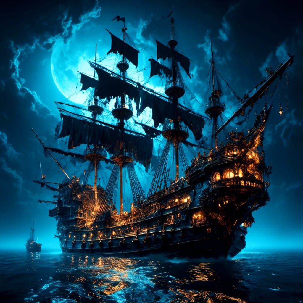 Blue Pirate Galleon Ship in Cinematic 3D Style