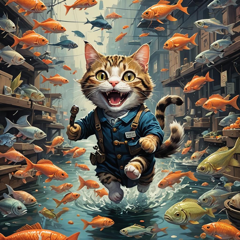 Whimsical Cat Steals Fish in Sinister Market